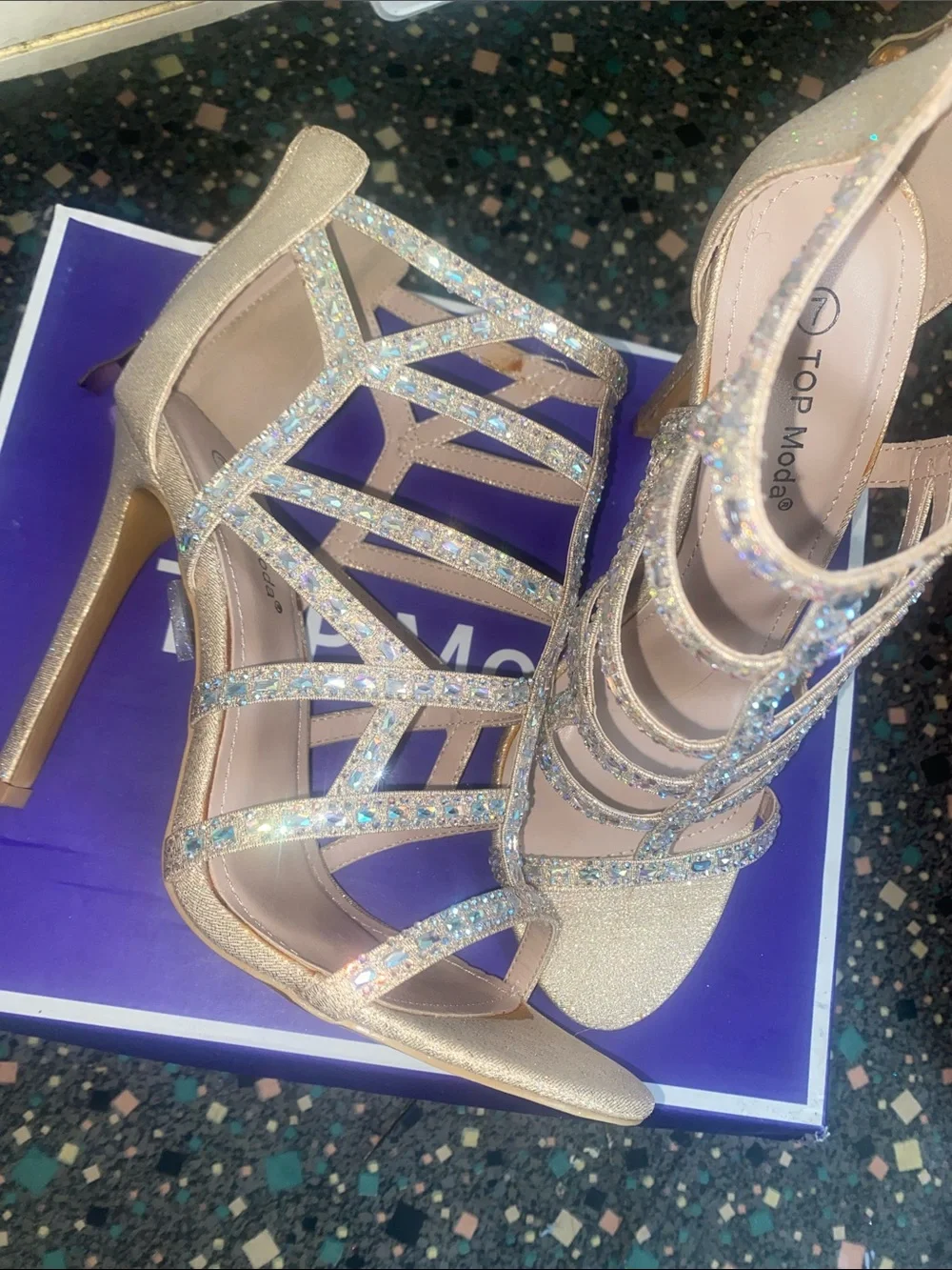 TOP Moda Gold Glitter Strappy High Heels with Iridescent Rhinestones